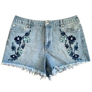 High Waist Denim Shorts with Blue Floral Embroidery + UNWORN